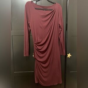 Babaton burgundy Long Sleeve Dress Side ruching soft midi Neutral knit